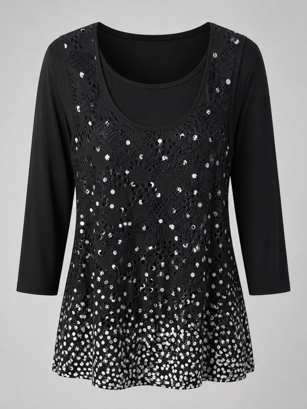 Women's Black Sequin Scoop Neck Blouse with 3/4 Sleeves